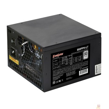 Блок питания Exegate EX282044RUS Блок питания 600W Exegate 600PPH-LT,  80+, RTL, ATX, black, APFC, 12cm, 24p, (4+4)p, 5*SATA, 3*IDE