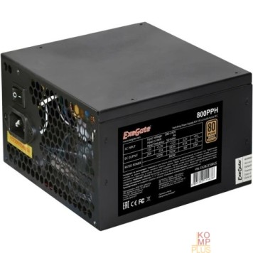 Блоки питания Exegate EX282156RUS-S Блок питания 800W ExeGate 80 PLUS® Bronze 800PPH (ATX, APFC, SC, КПД 89% (80 PLUS Bronze), 12cm fan, 24pin, 2x(4+4)pin, 4xPCI-E, 8xSATA, 4xIDE, RTL (color box), black, кабель 220