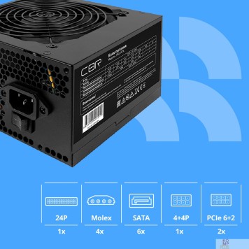 Блок питания Блок питания CBR ATX 600W 80+ Bronze, DC-DC, APFC, 0.6mm, 20+4pin, 1*8-pin(4+4P), 2*6+2pin, 6*SATA, 4*IDE, 12cm fan, 1.5м кабель питания, черный PSU-ATX600-12GM BOX-2