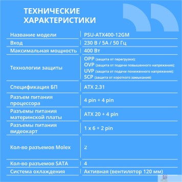 Блок питания Блок питания CBR ATX 400W 80+ Bronze, DC-DC, APFC, 0.6mm, 20+4pin, 1*8-pin(4+4P), 1*6+2pin, 4*SATA, 2*IDE, 12cm fan, 1.5м кабель питания, черный PSU-ATX400-12GM BOX-1
