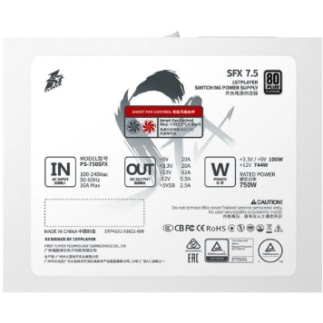 Блок питания  1STPLAYER SFX 750W PLATINUM White / SFX, APFC, 80 PLUS Platinum, LLC+DC-DC, 80mm fan, full modular / PS-750SFX-WH-2