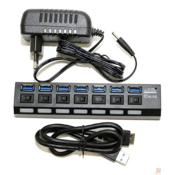 USB-концентраторы 5bites HB37-303PBK Концентратор 7*USB3.0 / БП 5В-2А / 1.2M / BLACK-1