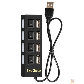 USB-концентраторы Exegate EX293977RUS USB-Хаб (концентратор) ExeGate DUB-42SW (кабель-адаптер USB2.0 --> 4xUSB2.0, кнопки включения/отключения для каждого порта, Plug&Play, черный)-2