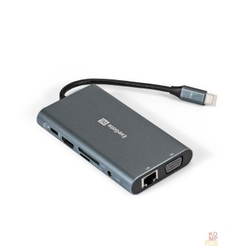 USB-концентраторы Exegate EX293985RUS Док-станция ExeGate DUB-31C/MAX (кабель-адаптер USB Type-C --> 3xUSB3.0 + Card Reader + PD 100W + HDMI 4K@30Hz + VGA + Audio + Lan RJ45 10/100/1000Mb, Plug&Play, серый)-1
