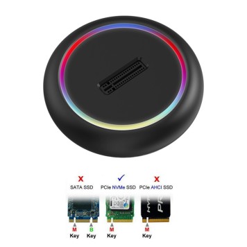 Контроллер ORIENT UHD-524LED, USB 3.2 Gen2 (USB 3.1) док-станция для SSD M.2 M-key NVMe (JMS581DL, поддержка UASP,TRIM), скорость до 10 GB/s, два кабеля подключения USB Type-A + Type-C, подсветка корпуса (33405)-1