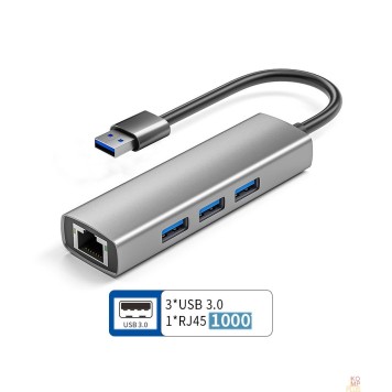 Контроллер ORIENT JK-340N, разветвитель-сетевая карта USB 3.2 Gen1 (5 Гбит/c), порты: 3xUSB-A + RJ45 Gigabit Ethernet, RTL8153, 100/1000 Мбит/с, кабель USB Type-A, алюминиевый корпус, серебристый (33308)-1