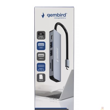Контроллер Gembird Док-станция Type-C 6в1: USB3.1, PD100W, SD/TF, USB2.0, HDMI, кабель 16см, алюминий (UHB-D9)-1