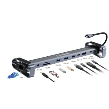 Контроллер Gembird Док-станция Type-C,10 в 1:3xUSB3.1, PD87W, Jack, SD/TF, HDMI, RJ45, Type-C, кабель14см (UHB-D5)-1