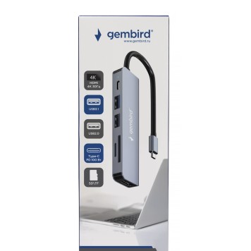 Контроллер Gembird Док-станция Type-C 6в1: USB3.1, PD100W, SD/TF, USB2.0, HDMI, кабель 16см, алюминий (UHB-D9)-1