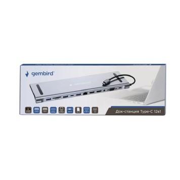 Контроллер Gembird Док-станция Type-C,12в1: 2xUSB3.1,USB2.0, RJ45,PD87W, Jack3.5, SD/TF, 2xHDMI, VGA,Type-C (UHB-D6)-2