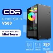Корпус CBR Корпус mATX Minitower V500, без БП, 1*USB 3.0, 2*USB 2.0, HD Audio+Mic, закаленное стекло, Black PCC-MATX-V500-WPSU