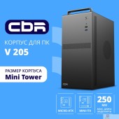 Корпус CBR Корпус mATX Minitower V205, без БП, 1*USB 3.0, 1*USB 2.0, HD Audio+Mic, Handle, каркас металл 1.8мм,  Black PCC-MATX-V205-WPSU