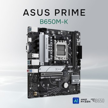 Материнская плата ASUS PRIME B650M-K (Socket AM5, mATX, 2xDDR5(96GB), VGA/HDMI 2.1, 1xPCIe 4.0x16/2xPCIe 4.0, 1xLAN (2.5GbE), 4xSATA 6Gb/s, 2xM.2, 4xUSB 3.2, 4xUSB 2.0, 1xPS/2)