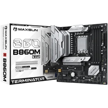 Материнская плата MAXSUN MS-Terminator B860M WIFI (Socket 1851, mATX, 4*DDR5(128Gb), DP/HDMI, 4*SATA3, 3*M.2, 1*PCIEx16/1*PCIEx4/1*PCIEx1, 1*Type-C,  4*USB2.0, 2*USB 3.2, LAN 1*2.5G, BT,  Wi-Fi6,  RTL)