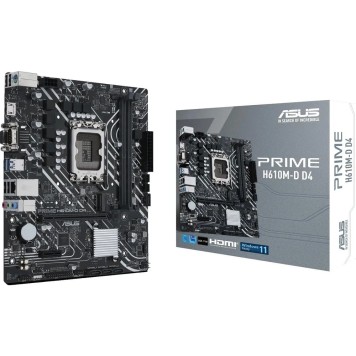 Материнская плата ASUS PRIME H610M-D D4  (Socket 1700, mATX, 2xDDR4(64GB), VGA/HDMI 2.1, 1xPCIe 4.0x16/1xPCIe 3.0, 1xLAN, 4xSATA 6Gb/s, 1xM.2, 1xCOM, 2xUSB 3.2, 4xUSB 2.0, 1xPS/2)
