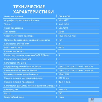 Материнская плата CBR H510M { Chipset 470, Socket 1200, 2*DDR4, mATX, VGA+HDMI, 1*PCIEx16,1*PCIEx1,1*M.2 (PCIe NVMe Gen3 x4), 3*SATA3, 2*USB2.0 + 2*USB3.0, LAN 1Gb}-1