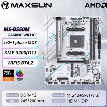 Материнская плата MAXSUN MS-B550M GAMING WIFI ICE (Socket AM4, mATX, 2*DDR4(64Gb), DP/HDMI,  3*SATA3, 2*M.2,  1*PCIEx16/1*PCIEx4, 4*USB2.0, 2*USB 3.0, LAN 1*1G, Bluetooth,  Wi-Fi 802.11ac, RTL)