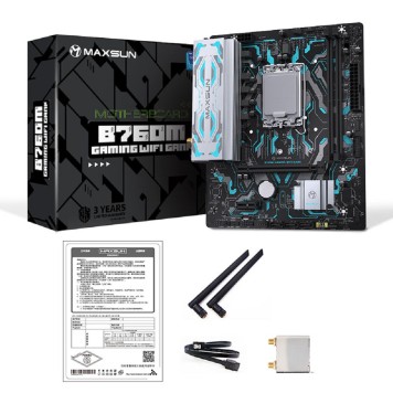 Материнская плата MAXSUN MS-B760M GAMING WIFI GANK V2 (Socket 1700, mATX, 2*DDR5, VGA/HDMI, 3*SATA3, 1*M.2, 1xPCI-E x16 /1xPCI-E x4, 4*USB 2.0, 2*USB 3.2 GEN 2, LAN 1*1G,  Bluetooth,  Wi-Fi 802.11ax, RTL)
