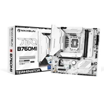 Материнская плата MAXSUN MS-Terminator B760M GKD5 ICE (Socket 1700, mATX, 2*DDR5(96Gb), DP/HDMI, 3*SATA3, 4*M.2, 1*PCIEx16/1*PCIEx4, 6*USB2.0, 2*USB 3.2, LAN 1*2.5G, ARGB, white, RTL)