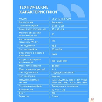 Охлаждающие системы CBR CBR-CC-2115-RGB-PWM Кулер для процессора, Al+Cu, 2 heat pipes, Socket 775/1155/1156/1150/1151/1200/1700/940/AM2/АМ2+/АМ3/AM3+/FM1/FM2/AM4/AM5, TDP 115W, 90mm Fan, 2600RPM, HB, RGB, PWM, 32db-2