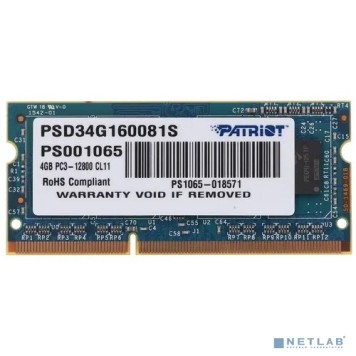 Модуль памяти Patriot DDR3 SODIMM 4GB PSD34G160081S (PC3-12800, 1600MHz, 1.5V)