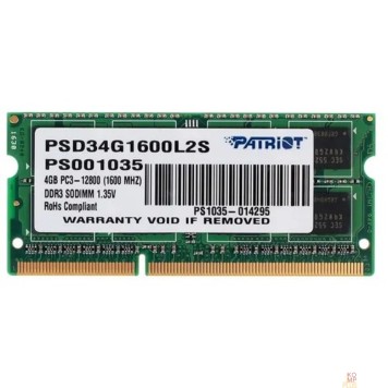 Модуль памяти Patriot DDR3 SODIMM 4GB PSD34G1600L2S (PC3-12800, 1600MHz, 1.35V)