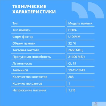 Модуль памяти CBR DDR4 DIMM (UDIMM) 32GB CD4-US32G26M19-01 PC4-21300, 2666MHz, CL19, 1.2V-1