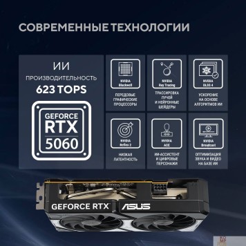 Видеокарта Видеокарта ASUS GeForce RTX5060 8Gb DDR7 128 bit 3*DP/HDMI 2FAN (DUAL-RTX5060-O8G) RTL-2