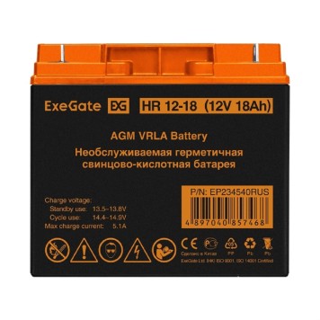 батареи Exegate EP234540RUS Аккумуляторная батарея HR 12-18/EXG12180 (12V 18Ah, клеммы F3 (болт М5 с гайкой))-1