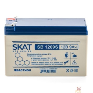 Скат  БАСТИОН SKAT SB 1209S АКБ свинцово-кислотная тип AGM 12V 9Ач I зар. 2,6 А, ножевые клеммы F1, гарантия - 18 месяцев (8970)-1