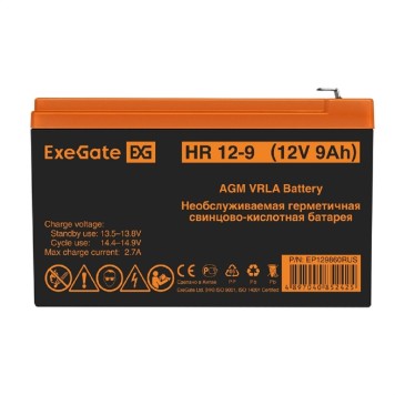 батареи Exegate EP129860RUS Аккумуляторная батарея HR 12-9 (12V 9Ah 1234W, клеммы F2)-1