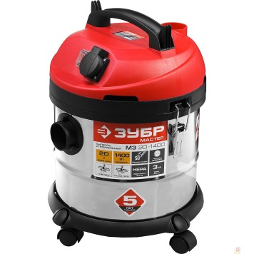 Электроинструменты ЗУБР Пылесос строительный ПУ-20-1400 М3 { модель М3-20, 20 л, 1400 Вт, сухая и влажная уборка, корпус из нержавеющей стали, розетка до 2000Вт }-1