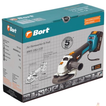 Шлифовальные машины Bort Машина шлифовальная угловая аккумуляторная BWS-18Li-125 {18 В; Li-Ion ; 3 Ач; 9000 об/мин; 22,5 мм; 1,7 кг; 4 Ач; батарей 2 шт; аксессуаров 5 шт; гарантия 2 г} 93722340-2