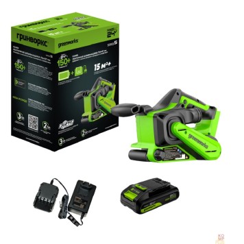 Углошлифовальные, Шлифовальные машины, Реноватор Greenworks G24BS Ленточная шлифовальная машина бесщеточная аккумуляторная, 24V, 75х457мм, 259 м/мин,1х2Ач,ЗУ,кор 3100607CUA