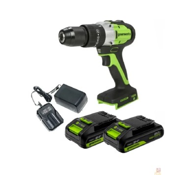 Дрели, Шуруповерты, Гайковерты Greenworks GD24DD60 Дрель-шуруповерт ударная аккумуляторная, 24V, бесщеточная, 30/60Нм,2х2Ач,ЗУ,кор 3704107CUC