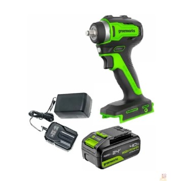 Дрели, Шуруповерты, Гайковерты Greenworks G24IW200 Гайковерт ударный аккумуляторный, 24V, 200 Нм, бесщеточный, 3/8'', 1х4Ач,ЗУ,кор 3803607CUB
