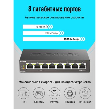 Сетевое оборудование D-Link DGS-1008P/F3A Неуправляемый коммутатор с 8 портами 10/100/1000Base-T (4 порта PoE 802.3af/at, PoE-бюджет 60 Вт)-1