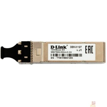 Сетевое оборудование D-Link 311GT/A1A SFP-трансивер с 1 портом 1000Base-SX для многомодового оптического кабеля (до 550 м, разъем Duplex LC)