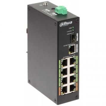 Коммутаторы DAHUA DH-LR2110-8ET-120 8-портовый неуправляемый коммутатор с ePoE; 8xRJ45 100M (PoE/PoE+/Hi-PoE), 1xRJ45 1G (uplink), 1xSFP 1G (uplink); суммарно 120Вт; длина кабеля UTP до 800м; монтаж на DIN-рейку;