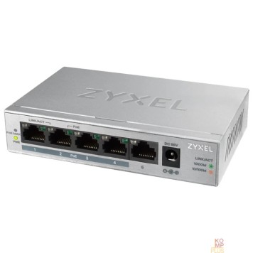 Сетевое оборудование ZYXEL GS1005HP-EU0101F PoE+ коммутатор GS1005HP, 5xGE (4xPoE+), настольный, металлический, бесшумный, бюджет PoE 60 Вт