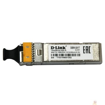 Сетевое оборудование D-Link 331T/20KM/A1A WDM SFP-трансивер с 1 портом 1000Base-BX-D (Tx:1550 нм, Rx:1310 нм) для одномодового оптического кабеля (до 20 км, разъем Simplex LC)