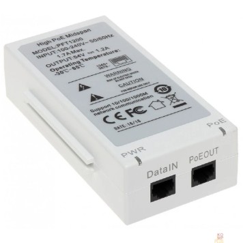 Коммутаторы DAHUA DH-PFT1200 Инжектор Hi-PoE, порты 1 RJ45 10/100/1000Мбит/с, 1 RJ45 10/100/1000Мбит/с (PoE/PoE+/Hi-PoE), мощность PoE до 60Вт, питание 100~240В(AC), рабочая температура: -30°С~+65°С