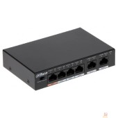 Коммутаторы DAHUA DH-PFS3006-4ET-60 4-портовый неуправляемый коммутатор с РоЕ, 4xRJ45 100Mb PoE, 2xRJ45 100Mb uplink, суммарно 60Вт, коммутация 1.8 Гбит/с, MAC-таблица 2К, металл