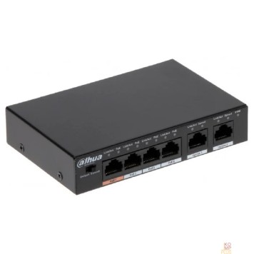 Коммутаторы DAHUA DH-PFS3006-4ET-60 4-портовый неуправляемый коммутатор с РоЕ, 4xRJ45 100Mb PoE, 2xRJ45 100Mb uplink, суммарно 60Вт, коммутация 1.8 Гбит/с, MAC-таблица 2К, металл