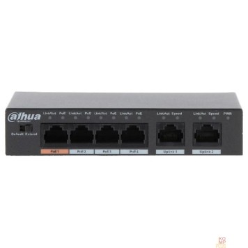 Коммутаторы DAHUA DH-PFS3006-4ET-60 4-портовый неуправляемый коммутатор с РоЕ, 4xRJ45 100Mb PoE, 2xRJ45 100Mb uplink, суммарно 60Вт, коммутация 1.8 Гбит/с, MAC-таблица 2К, металл-2