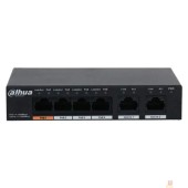 Коммутаторы DAHUA DH-PFS3006-4GT-60 6-портовый гигабитный неуправляемый коммутатор с РоЕ, 4xRJ45 1Gb PoE, 2xRJ45 1Gb uplink, суммарно 60Вт, коммутация 14Гбит/с, MAC-таблица 2К, металл