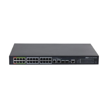Коммутаторы DAHUA DH-LR2226-24ET-360-V2 26-портовый управляемый коммутатор с ePoE, уровень L2, 24xRJ45 100Mb PoE, 2хКомбо SFP/RJ45 1Gb uplink, суммарно 360Вт, коммутация 8.8 Гбит/с, MAC-таблица 4К