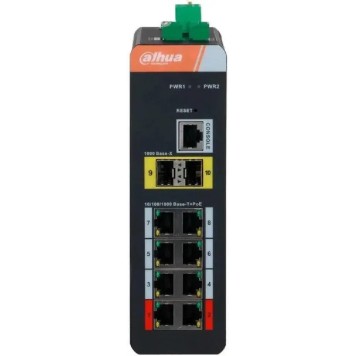 Коммутаторы DAHUA DH-IS4210-8GT-120 10-портовый гигабитный управляемый коммутатор с PoE, промышленное исполнение, 8xRJ45 1Gb PoE, 2xSFP 1Gb uplink, суммарно 120Вт, коммутация 20 Гбит/с, MAC-таблица 8К-1