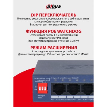 Коммутаторы DAHUA DH-CS4005-4GT-36 4-портовый гигабитный PoE облачный коммутатор; 4xRJ45 1G (PoE/PoE+), 1xRJ45 1G (uplink); суммарно до 40Вт; PoE watchdog, до 250м; питание: 53VDC;-2