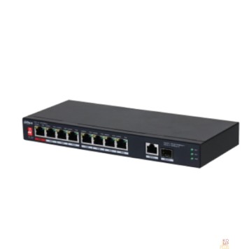 Коммутаторы DAHUA DH-PFS3110-8ET1GT1GF-96 10-портовый неуправляемый коммутатор с PoE, 8xRJ45 10/100Mb PoE, 1xRJ45 1Gb uplink, 1xSFP 1Gb uplink, суммарно 96Вт, коммутация 5.6 Гбит/с, MAC-таблица 8К, металл